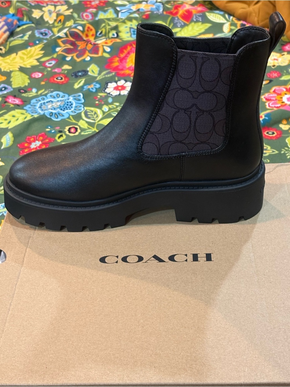 Coach Black Leather Chelsea Lug Boot with Signature Jacquard Panel